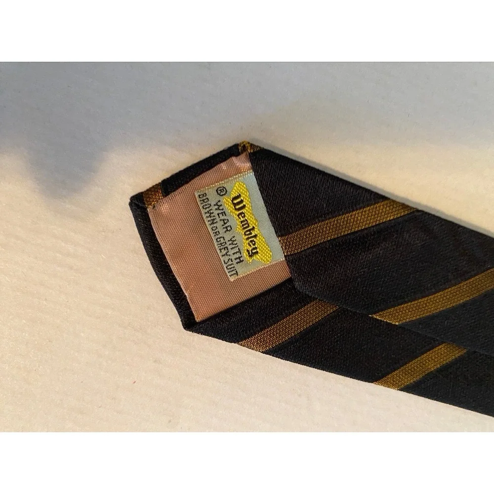 Vintage Wembley Mens Striped Tie Black Bronze Brown Grey Suit Accessory 3 Inch